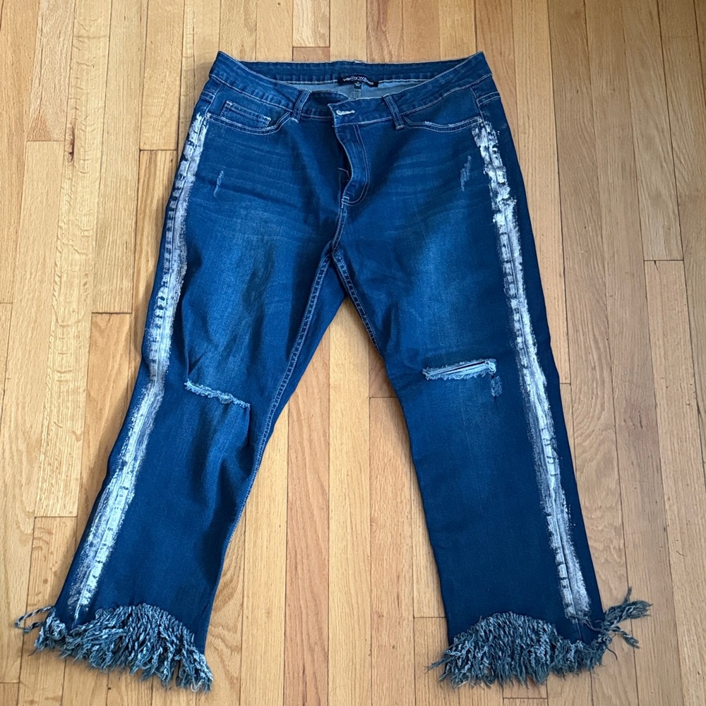 Women's Blue Jeans with Fringe & Side Stripe